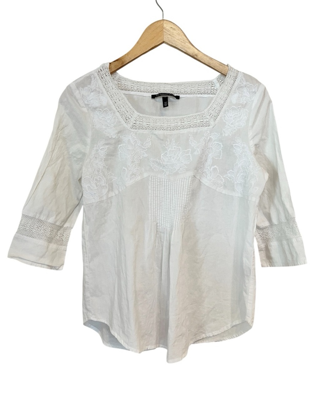 Victoria's Secret White Square Neck 3/4 Sleeve Embroidered Peasant Blouse Small